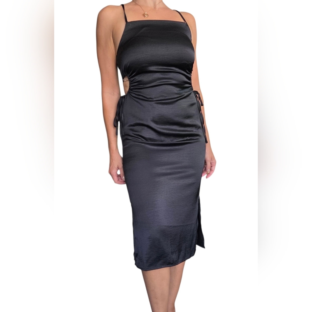 HOUSE OF HARLOW Satin Black Midi Slip Dress Small Side Keyhole Cutout Cocktail - Picture 11 of 12